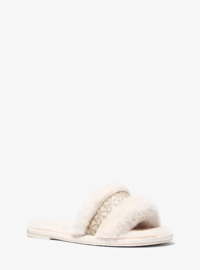 Alexis Faux Fur and Metallic Signature Logo Slide Sandal