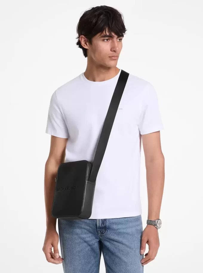 Cooper Logo Embossed Pebbled Leather Messenger Bag Cooper Logo Embossed Pebbled Leather Messenger Bag