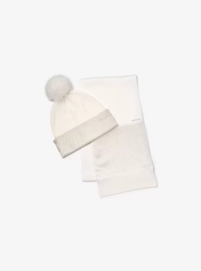 Embellished Knit Beanie Hat and Scarf Set