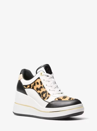 Emmy Leather and Leopard Print Calf Hair Wedge Trainer