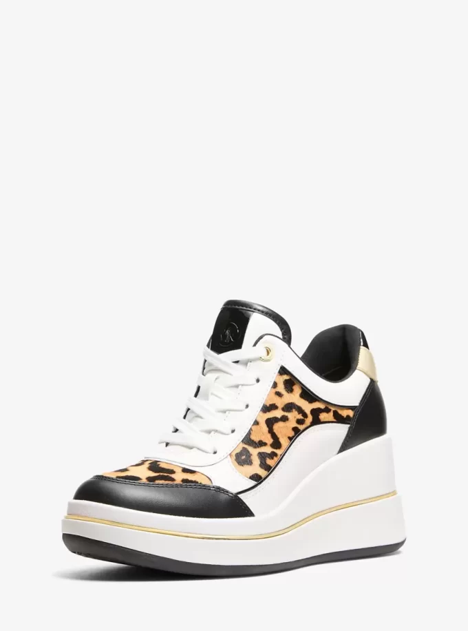 Emmy Leather and Leopard Print Calf Hair Wedge Trainer Emmy Leather and Leopard Print Calf Hair Wedge Trainer