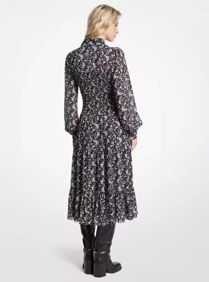 Floral Print Smocked Georgette Shirtdress
