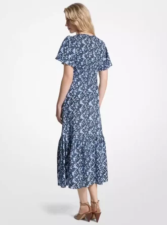 Floral Print Viscose and Silk Blend Midi Dress