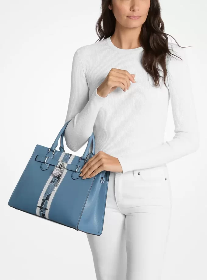 Hamilton Medium Leather and Snake Embossed Stripe Satchel