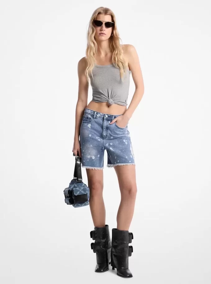 Hand-Splattered Bleach Denim Boyfriend Shorts