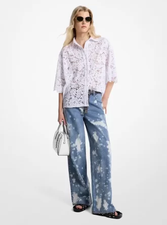 Hand-Splattered Bleach Denim Wide-Leg Jean