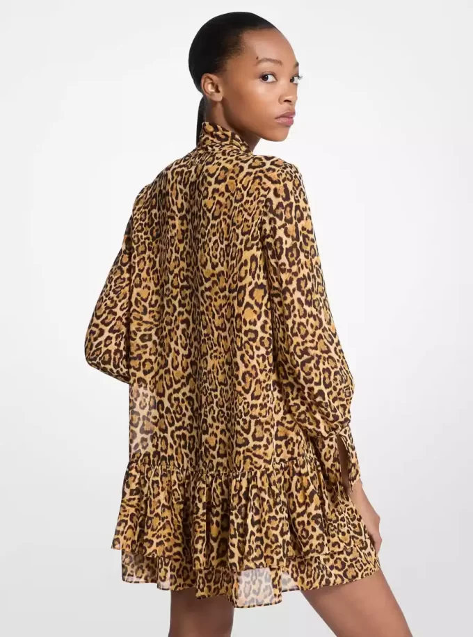 Leopard Print Georgette Tie-Neck Dress
