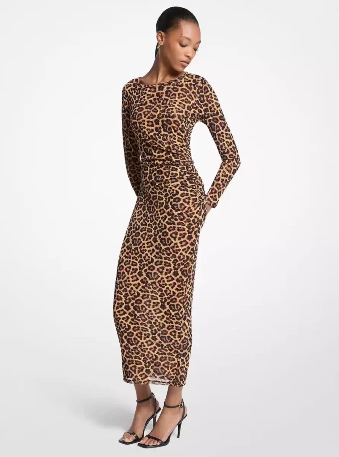 Leopard Print Nylon Mesh Midi Dress