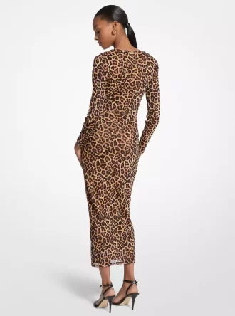 Leopard Print Nylon Mesh Midi Dress