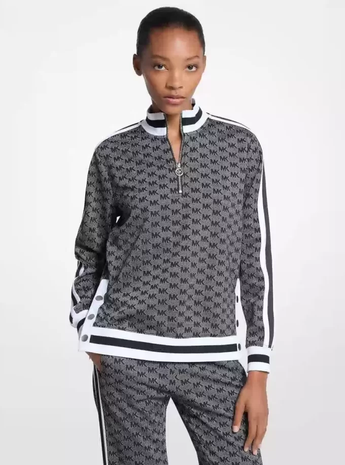 Logo Print Metallic Stretch Knit Half-Zip Jacket Logo Print Metallic Stretch Knit Half-Zip Jacket