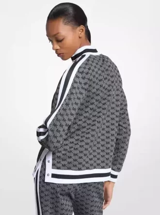 Logo Print Metallic Stretch Knit Half-Zip Jacket