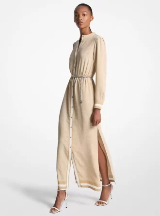 Logo Print Satin Belted Maxi Dress