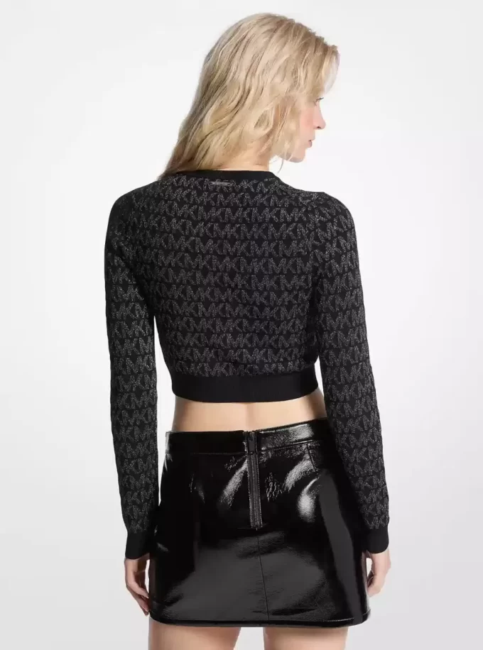 Metallic Logo Jacquard Cropped Zip-Up Cardigan