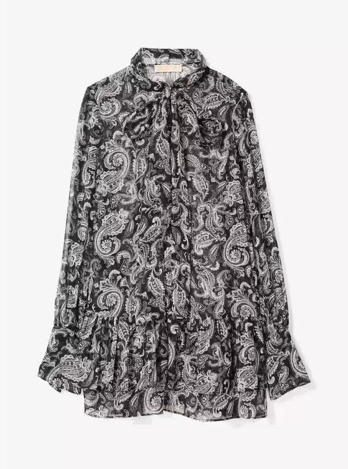 Metallic Paisley Georgette Tie-Neck Dress Metallic Paisley Georgette Tie-Neck Dress