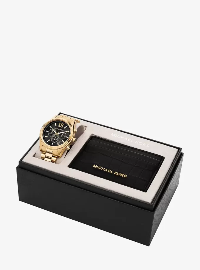 Oversized Lexington Gold-Tone Watch and Crocodile Embossed Leather Card Case Gift Set