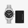 Oversized Lexington Silver-Tone Watch and Crocodile-Embossed Leather Card Case Gift Set