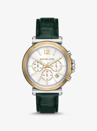 Oversized Maren Silver-Tone and Crocodile Embossed Leather Watch