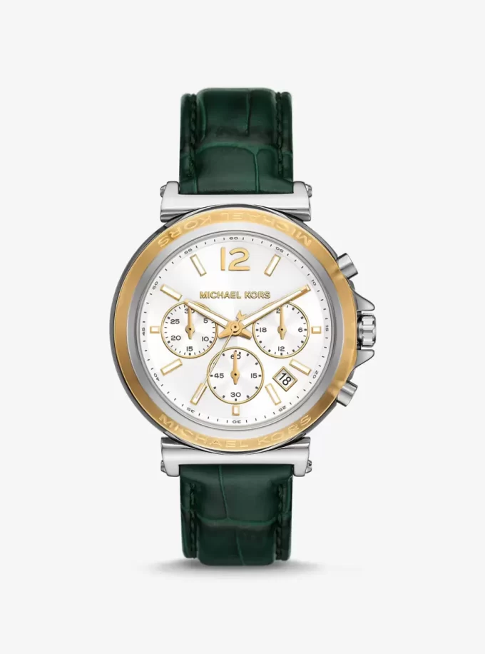 Oversized Maren Silver-Tone and Crocodile Embossed Leather Watch