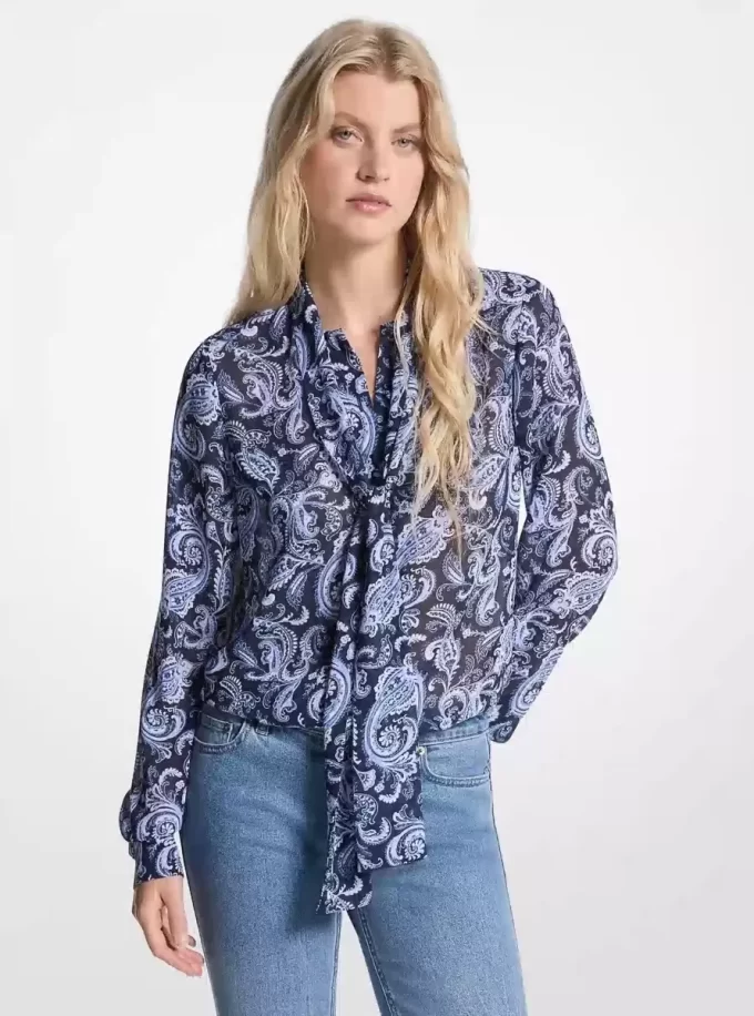 Paisley Print Georgette Tie-Neck Blouse