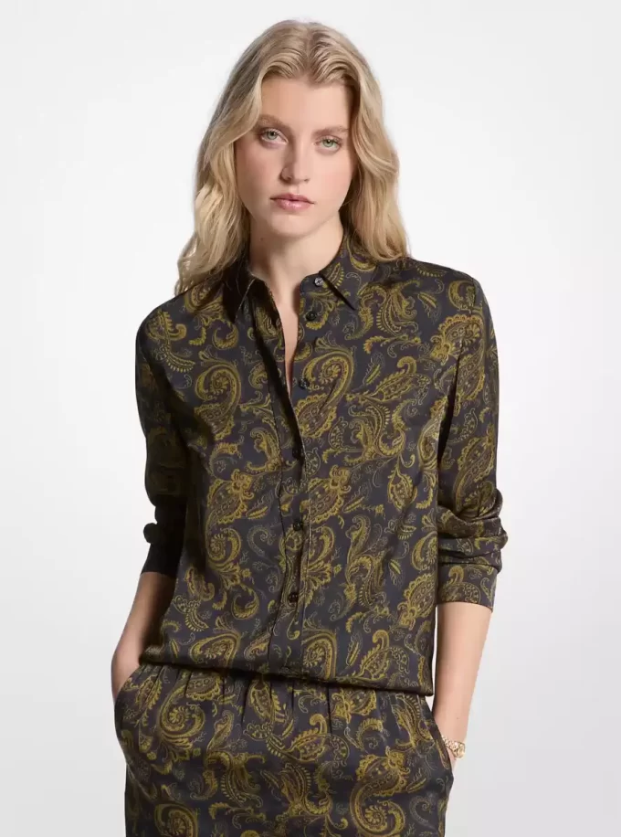 Paisley Print Satin Pajama Shirt