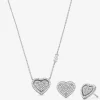 Precious Metal-Plated Sterling Silver Pavé Heart Necklace and Earrings Gift Set