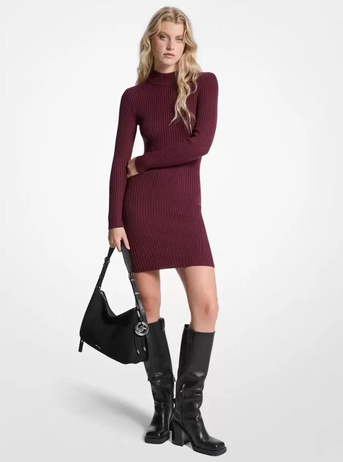 Ribbed Stretch Wool Mock Neck Dress