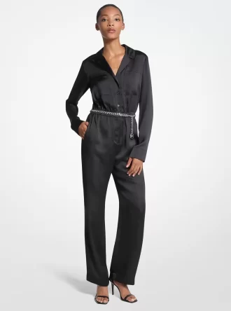 Satin Long Sleeve Belted Jumpsuit