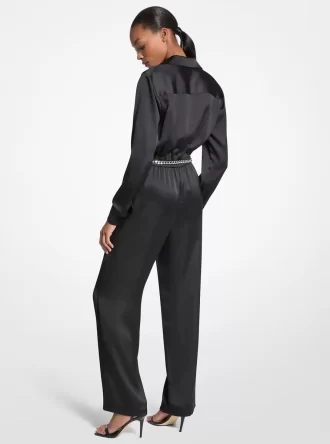 Satin Long Sleeve Belted Jumpsuit