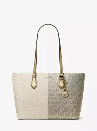 Sheila Large Metallic Two-Tone Signature Logo Tote Bag