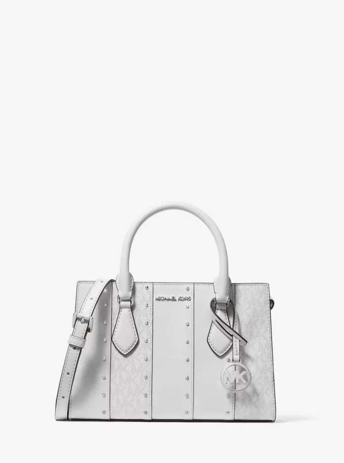 Sheila Small Studded Patchwork and Signature Logo Satchel Sheila Small Studded Patchwork and Signature Logo Satchel