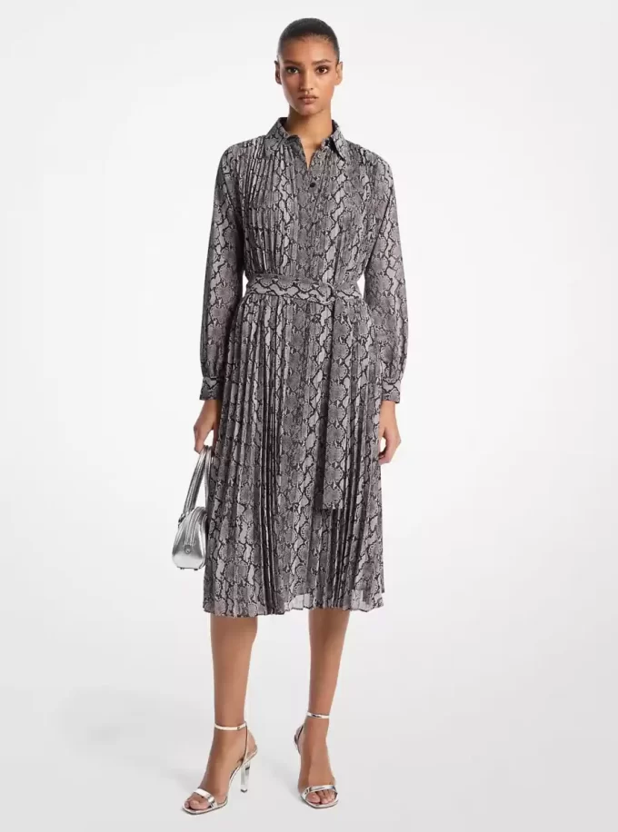 Snake Print Georgette Pleated Shirtdress Snake Print Georgette Pleated Shirtdress