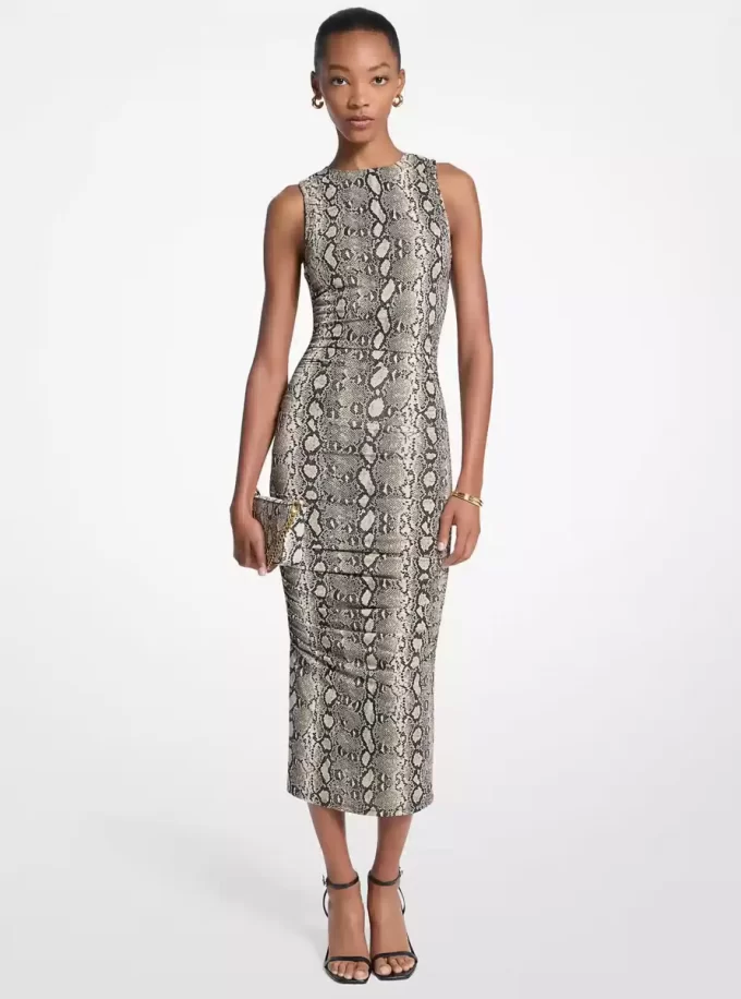 Snake Print Stretch Jersey Ruched Midi Dress Snake Print Stretch Jersey Ruched Midi Dress