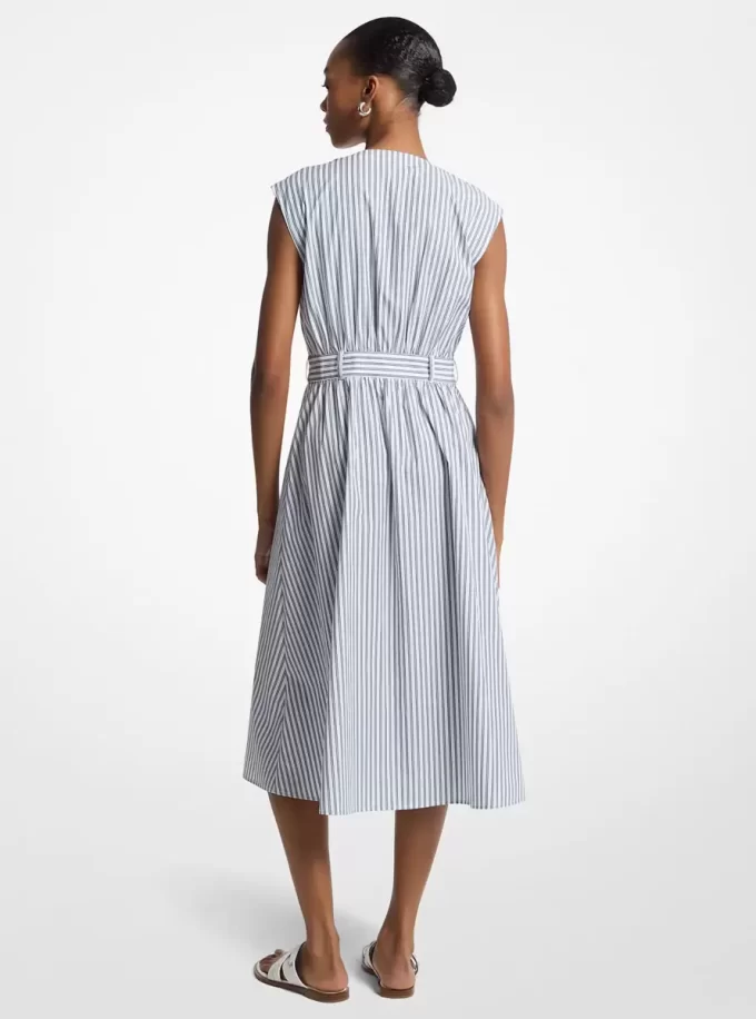 Striped Cotton Poplin Belted Midi Dress