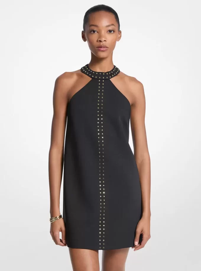 Studded Stretch Crepe Halter Mini Dress