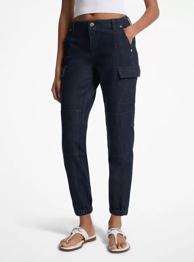 Washed Stretch Denim Cargo Jeans