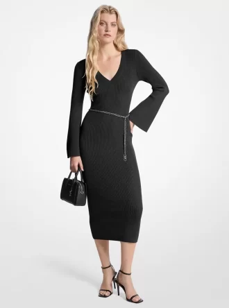 Wool Blend Belted Midi Dress
